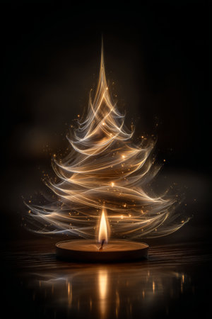 Bright and glowing candle with light trails forming a Christmas tree during a festive eveningの素材