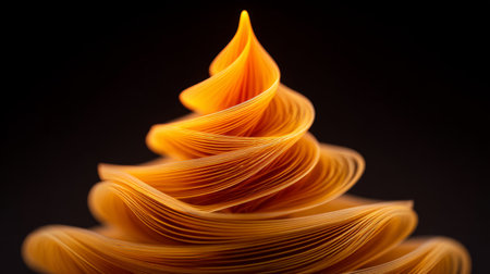 Beautiful orange abstract sculpture resembling a Christmas tree made of swirling ribbons against a dark backgroundの素材