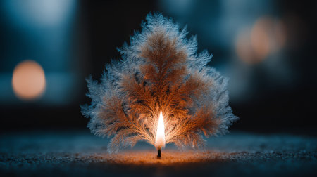 Unique candle shaped like a frosted tree illuminated amidst a soft blue backgroundの素材