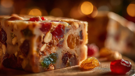 Colorful nut and fruit confectionery displayed on a wooden surface in warm holiday lightingの素材