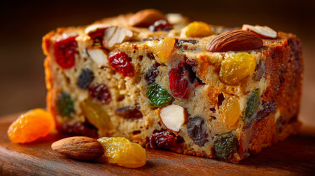 Delicious fruitcake with nuts and dried fruit on wooden surface ready for serving during holiday celebrationの素材