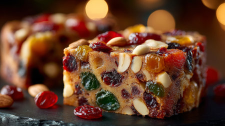 Sweet and colorful fruit and nut cake adorned with dried fruits and nuts on a dark surfaceの素材