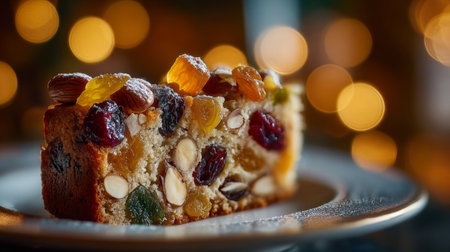 Holiday fruitcake slice with nuts and dried fruits on a festive plateの素材