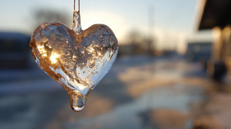 Heart-shaped ice sculpture catching sunlight at winter sunset near city buildingsの素材