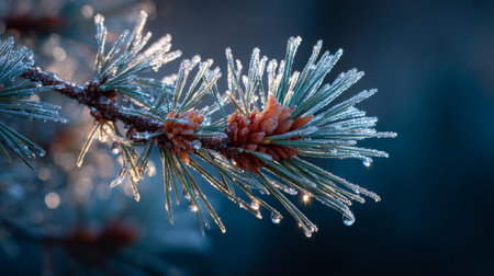 Morning frost adorns pine branches in a serene winter landscapeの素材