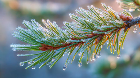 Frost-covered pine branch sparkling in the morning light during winter seasonの素材