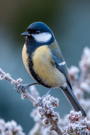 Frosty morning captures a blue tit perched on a frosted branch in a serene winter landscapeの素材