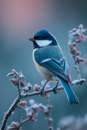 Small blue bird perches on frosty branch at dawn in a tranquil winter landscapeの素材