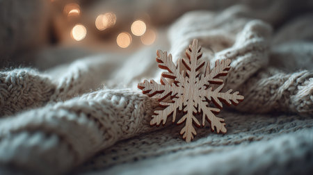 Cozy winter scene with wooden snowflake on soft knitted blanket and warm bokeh lights in the backgroundの素材
