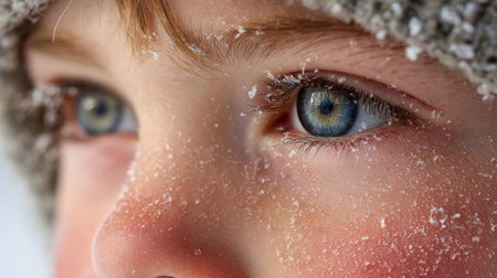 Young child with frost on face gazes intently outdoors during winter in a snowy environmentの素材