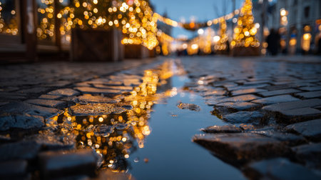 Twinkling lights reflect in puddles on cobblestone street during winter market eveningの素材