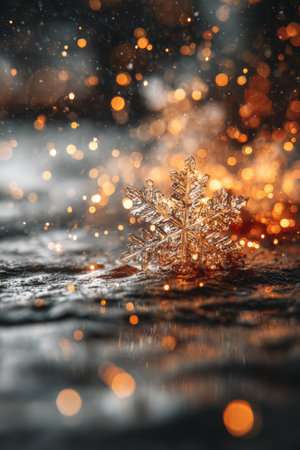 Snowflake rests on a textured surface, surrounded by shimmering golden sparks during winterの素材