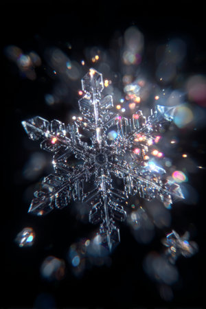 Intricate snowflake design sparkling against a dark background with shimmering reflections and fine details captured in winterの素材