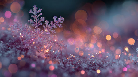Beautiful snowflake on a bed of sparkling snow during a winter nightの素材