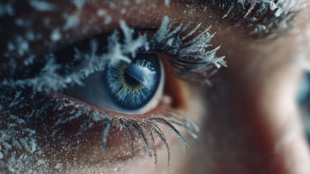Close-up view of a frozen eye showcasing frost and cold colors in a winter landscapeの素材