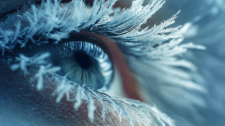 Eye adorned with delicate frost patterns during a cold winter morning in a snowy landscapeの素材