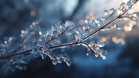 Ice droplets cling to a branch during the early morning light in a winter landscapeの素材