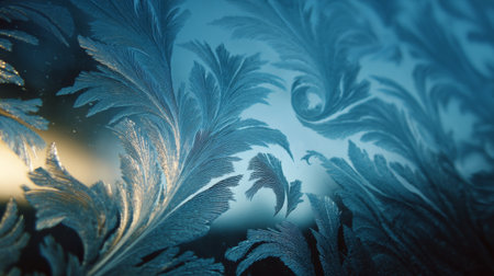 Frosty patterns create intricate designs on a window surface during a cold winter morningの素材