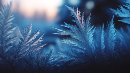 Frost-covered leaves sparkle in the early morning light of a winter day in a serene landscapeの素材