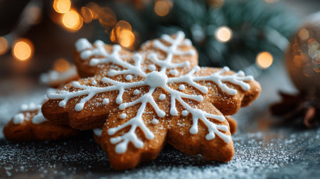 Decorative snowflake cookies with icing on a wooden table surrounded by festive lights and decorationsの素材