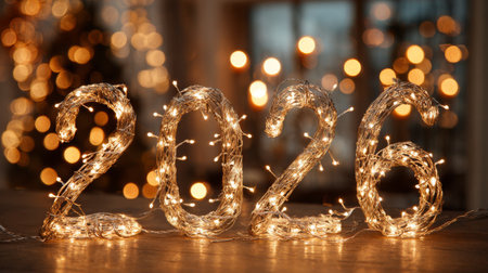 Decorative lights form the year 2026, creating a festive atmosphere in a cozy indoor settingの素材