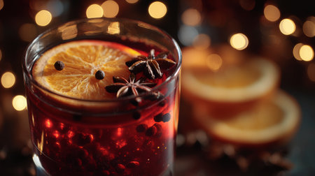 Warm spiced drink with orange slices and star anise on a cozy eveningの素材