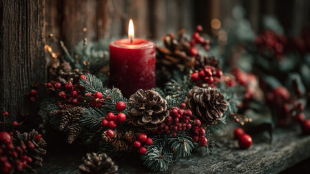 Decorative wreath with red candle and pine cones creating a cozy holiday atmosphereの素材
