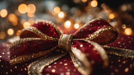 Elegant red gift box with a shiny gold bow ready for holiday celebrations and festive giving in a warm glowの素材