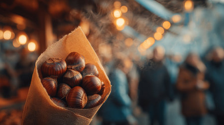Warm roasted chestnuts served in cone at a bustling market during autumn eveningの素材