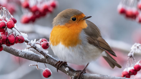 Beautiful robin perched on a branch amidst red berries and frost in a winter landscapeの素材