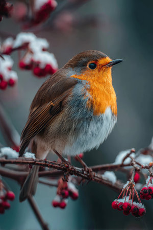 Colorful bird perched on frosty branches with red berries in winter sceneryの素材