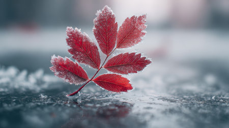 Frost-covered red leaf surrounded by ice on a cold winter morning in a quiet natural settingの素材