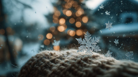 Snowflakes gently falling on a cozy knit sweater near a decorated Christmas tree in a winter wonderlandの素材