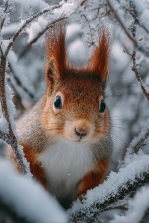 Squirrel explores snowy branches in a winter wonderland shortly after a fresh snowfallの素材