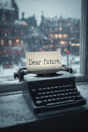 Old typewriter with a note saying Dear future beside a snowy window in a cozy winter setting at duskの素材