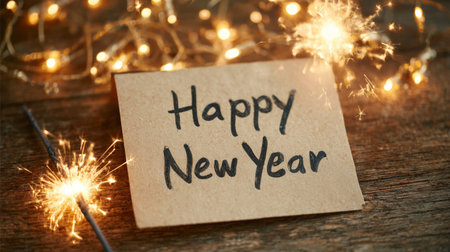 Happy New Year greeting card with festive sparklers and lights celebrating the start of a new yearの素材