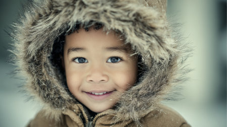 Young child smiles warmly in winter coat with fur hood during snowy day outdoorsの素材