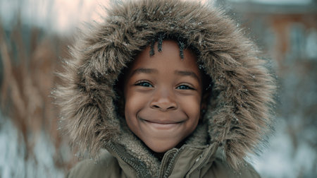 Smiling child in winter coat enjoying a snowy day outdoors in the parkの素材