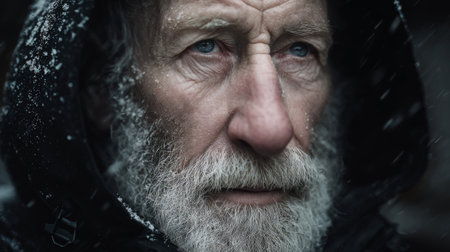 Elderly man with a beard gazes into the distance during a snowstorm in a cold outdoor settingの素材