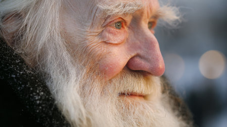 Elderly man with a white beard smiles softly in a winter setting during the golden hourの素材