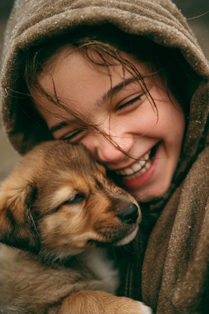 Happy child holds a cute puppy while enjoying a rainy day outdoorsの素材