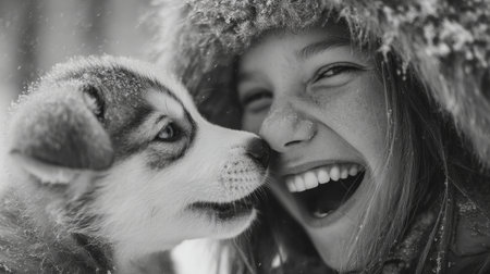 Joyful girl smiles while playing with her puppy in the winter snow during a cold afternoonの素材