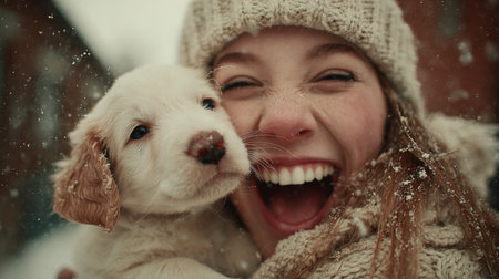 Excitement during a snowy day as a woman joyfully holds a puppy in her armsの素材