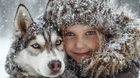 Young girl smiles while cuddling a husky in the snow during a winter dayの素材