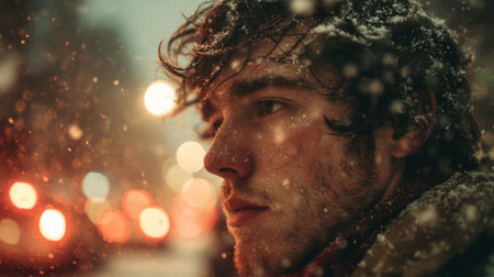 Young man walks through snowy city streets at night amidst falling snowflakes and twinkling lightsの素材
