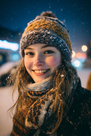 Smiling young woman in a warm hat enjoying a snowy evening in the city with lights in the backgroundの素材