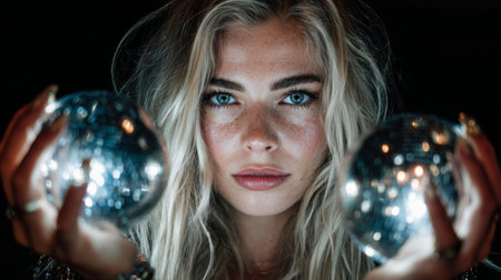 Young woman holds two sparkling disco balls in a dark, atmospheric setting, showcasing her striking blue eyes and freckled skinの素材