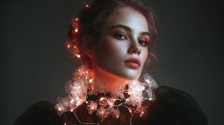 Portrait of a woman with illuminated flowers creating a captivating visual effect in a dark settingの素材