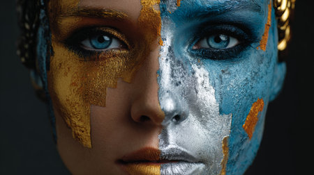 Portrait of a woman with half golden and half silver face paint showcasing artistic expression and creativityの素材
