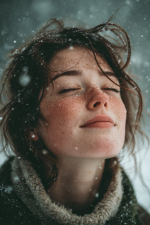 Woman enjoying snowfall in a winter landscape, eyes closed and face illuminated by snowflakesの素材
